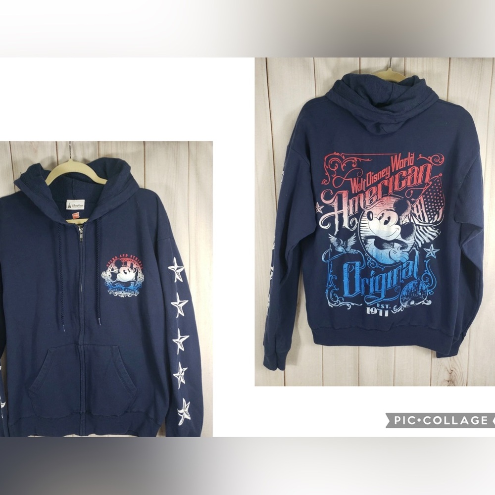 Disney Parks Adult Medium Stars Stripes Zip Hoodie Puffy Print Navy Mickey EUC